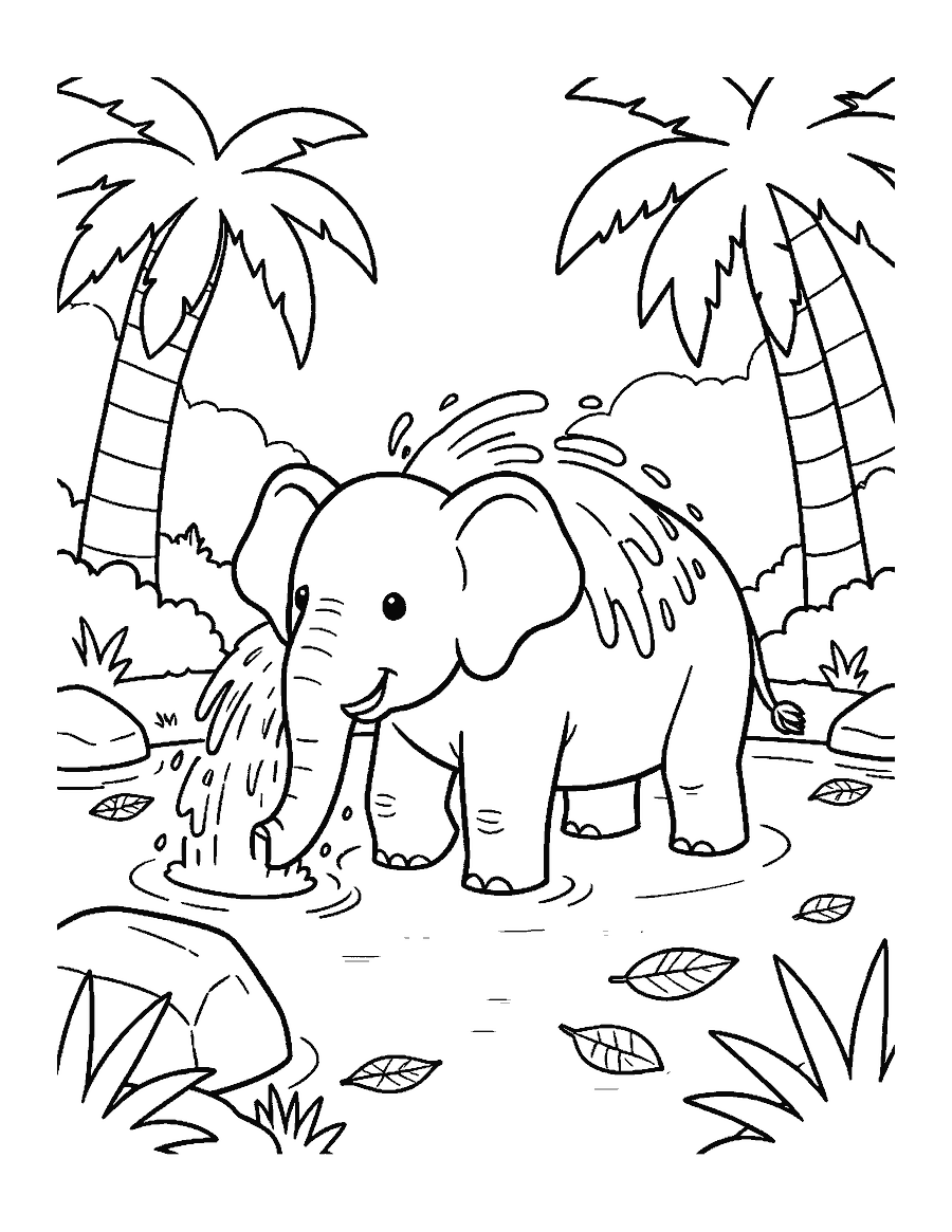 Line drawing of an Asian elephant spraying water over its back in a forest river
