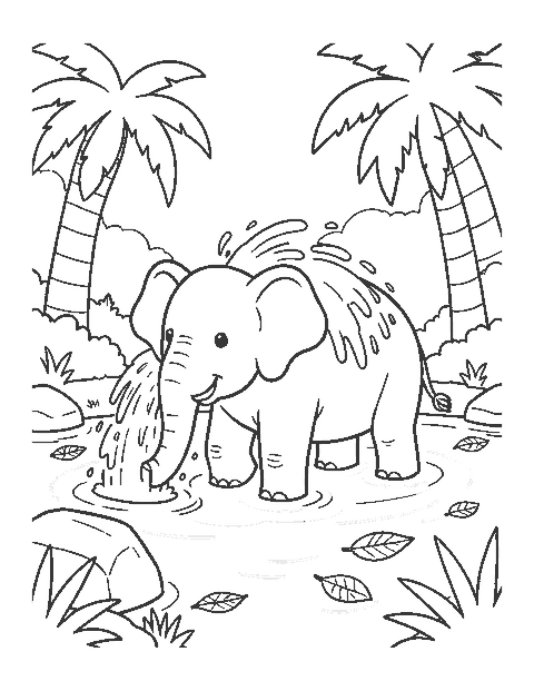 Line drawing of an Asian elephant spraying water over its back in a forest river