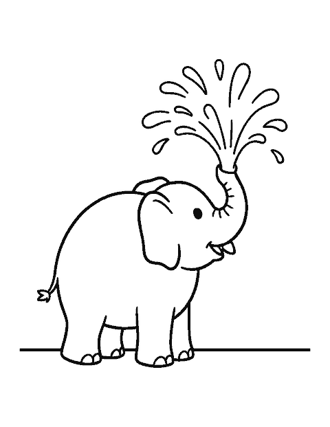 Line drawing of a baby elephant spraying water droplets from its raised trunk