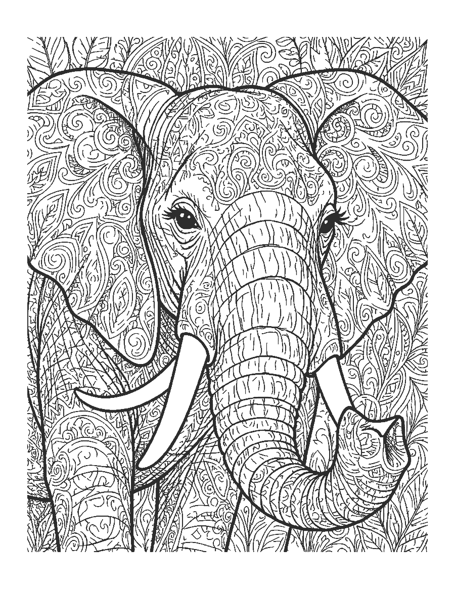 Line drawing close-up of an elephant's head with deeply wrinkled skin, tusk and eyelashes