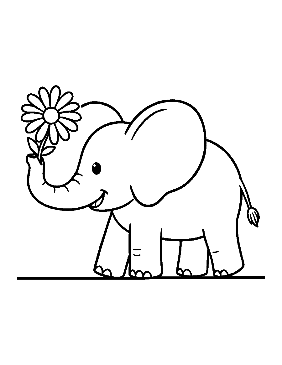 Line drawing of a smiling elephant walking with a daisy held in its trunk