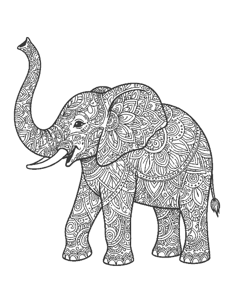 Line drawing of an elephant with a raised trunk whose body is filled with mandala patterns