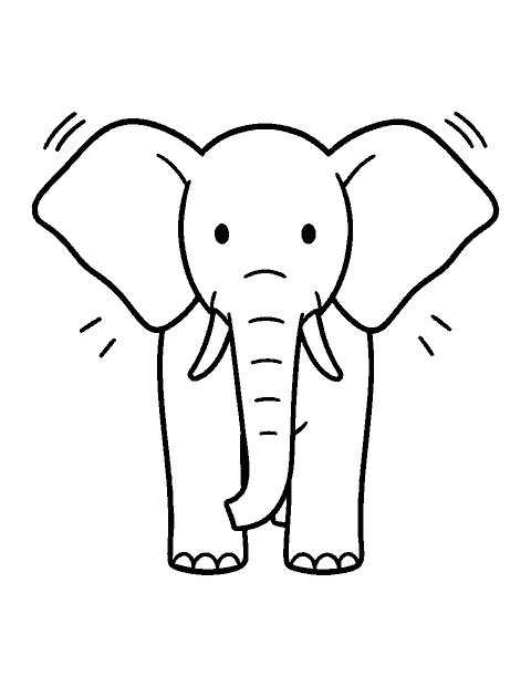 Line drawing of an elephant facing forward with its huge ears spread out wide