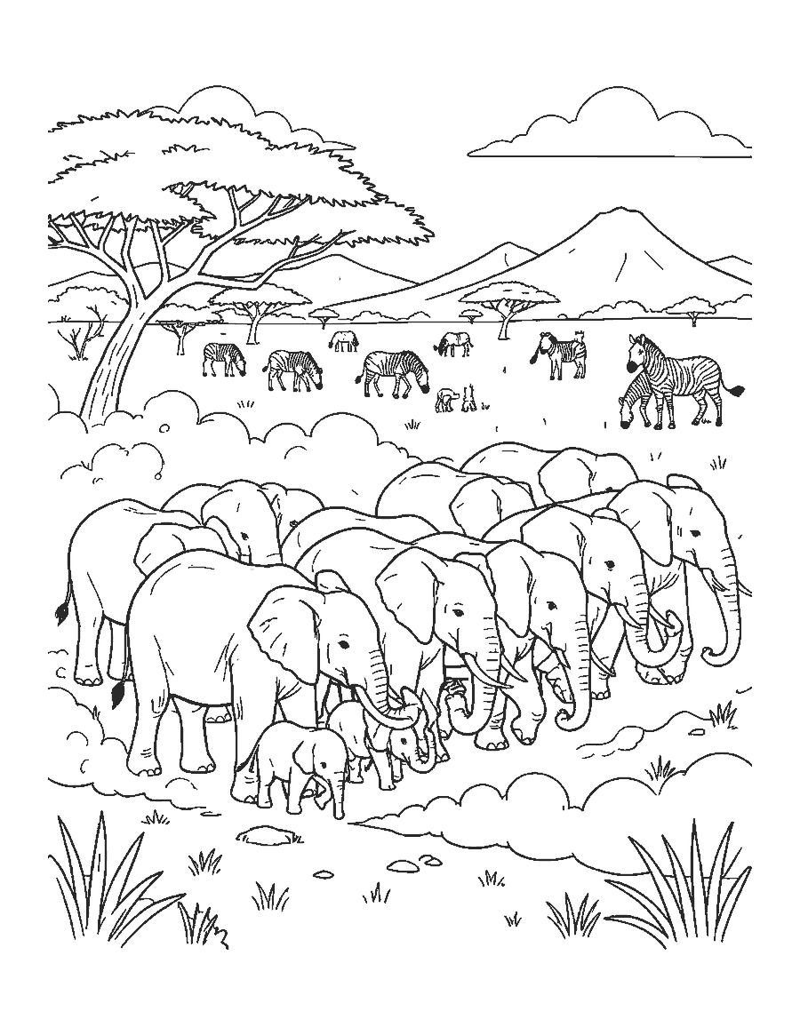 Line drawing of an elephant herd with calves walking in a line across the savanna