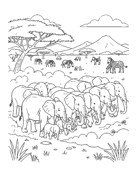 Line drawing of an elephant herd with calves walking in a line across the savanna