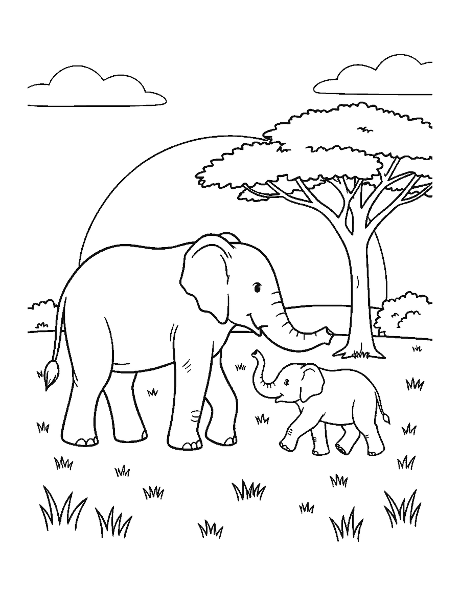 Line drawing of a mother elephant and her calf walking together across grassland by an acacia tree