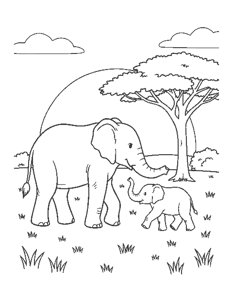 Line drawing of a mother elephant and her calf walking together across grassland by an acacia tree