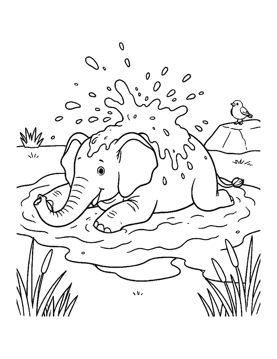Line drawing of an elephant rolling in mud and tossing mud over its back with its trunk