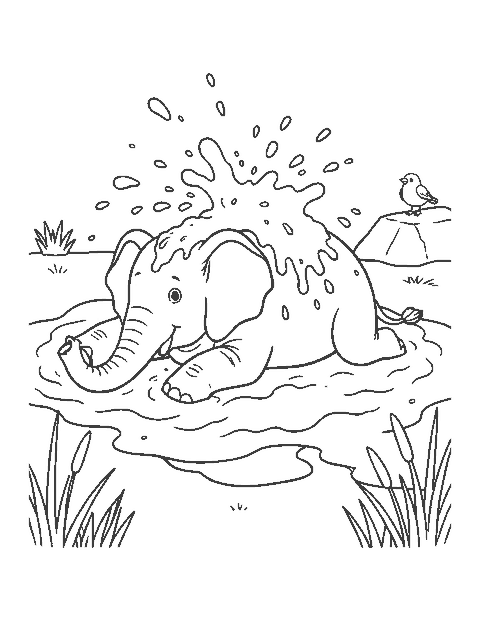 Line drawing of an elephant rolling in mud and tossing mud over its back with its trunk