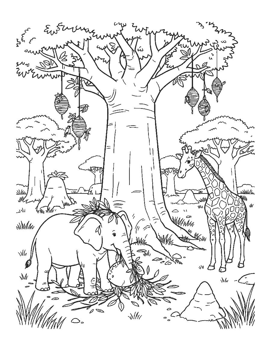 Line drawing of elephants feeding beside huge baobab trees with a giraffe nearby