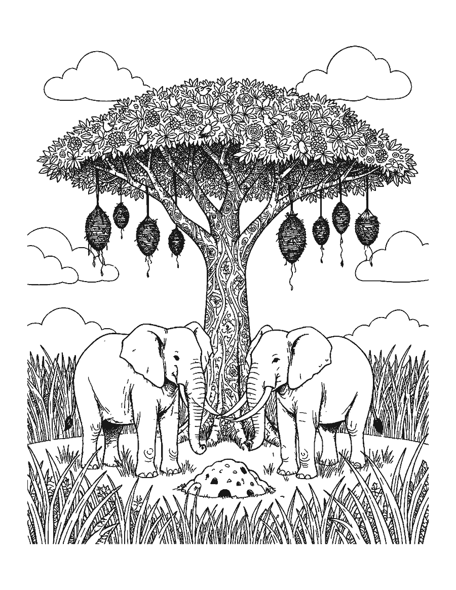 Line drawing of two elephants beneath a giant acacia tree with weaver nests and a termite mound