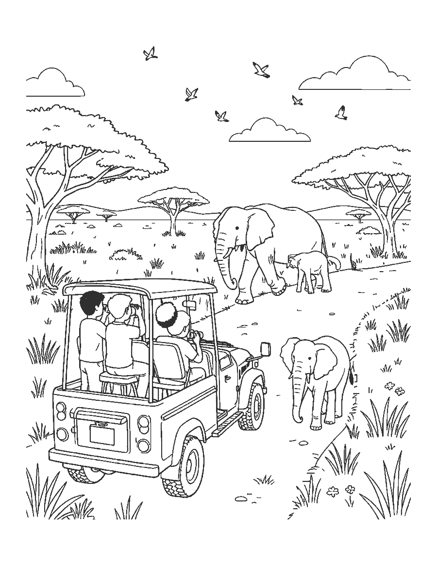 Line drawing of a family in a safari truck watching an elephant and calf cross the road
