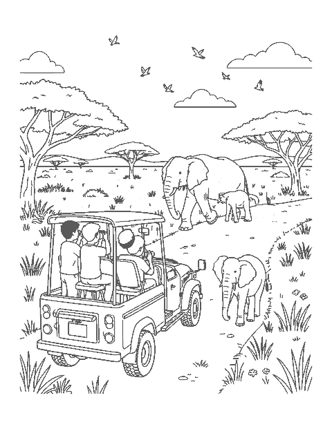 Line drawing of a family in a safari truck watching an elephant and calf cross the road