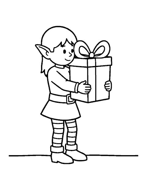 Line drawing of an elf in striped stockings holding a big wrapped present