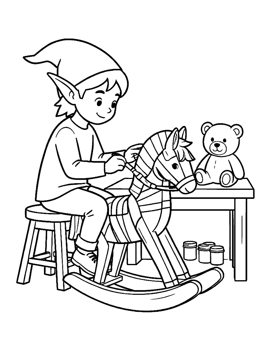 Line drawing of an elf painting stripes on a rocking horse at a workbench