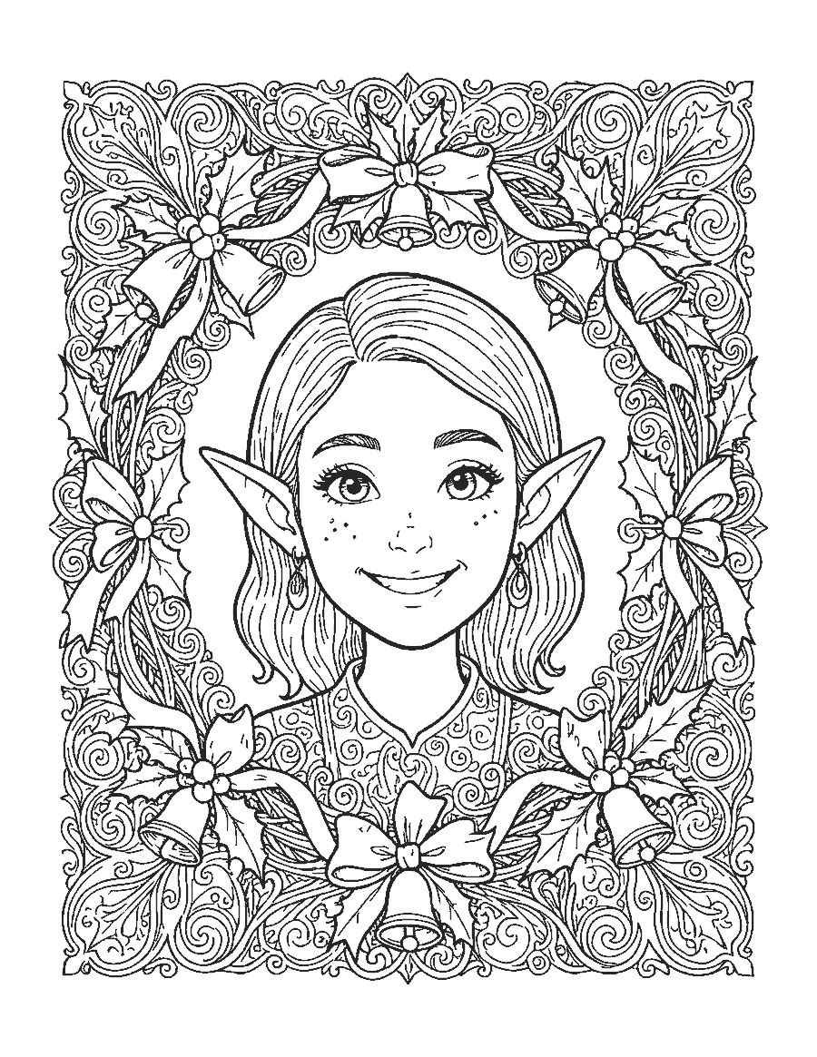 Line drawing of a freckled elf's face inside a frame of holly and ribbons