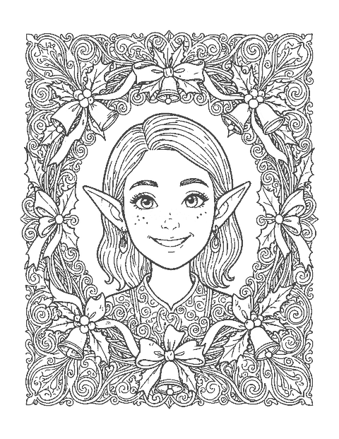 Line drawing of a freckled elf's face inside a frame of holly and ribbons