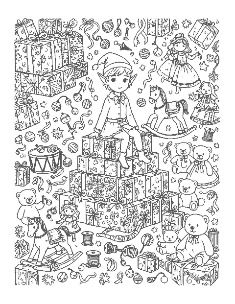 Line drawing of an elf sitting on presents surrounded by a rocking horse, drums, dolls and bells