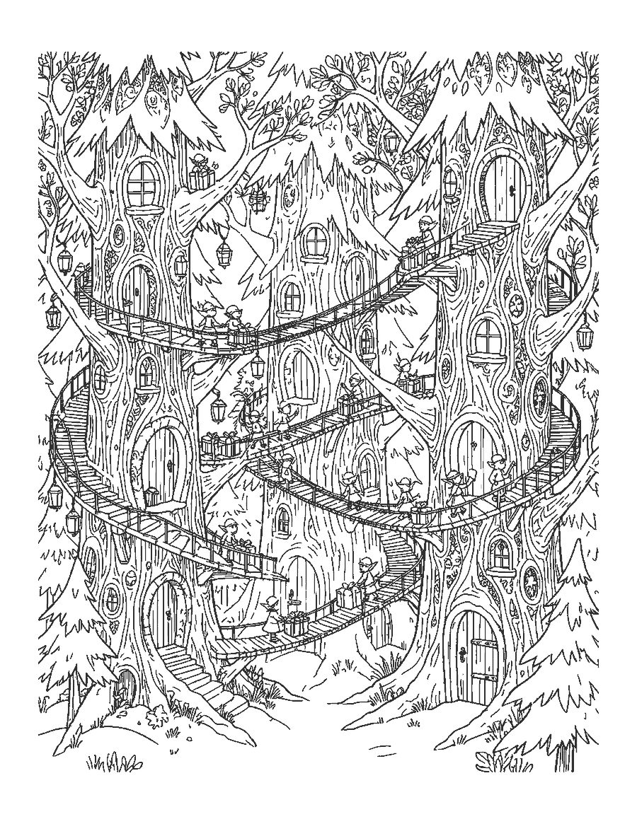 Line drawing of an elf village with doors, stairs and bridges in giant pine trees