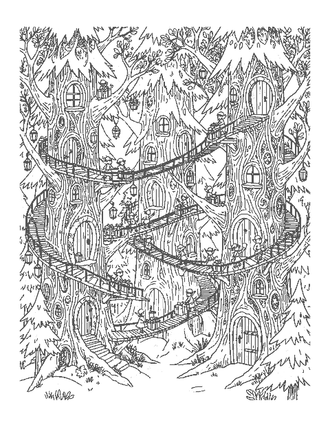 Line drawing of an elf village with doors, stairs and bridges in giant pine trees