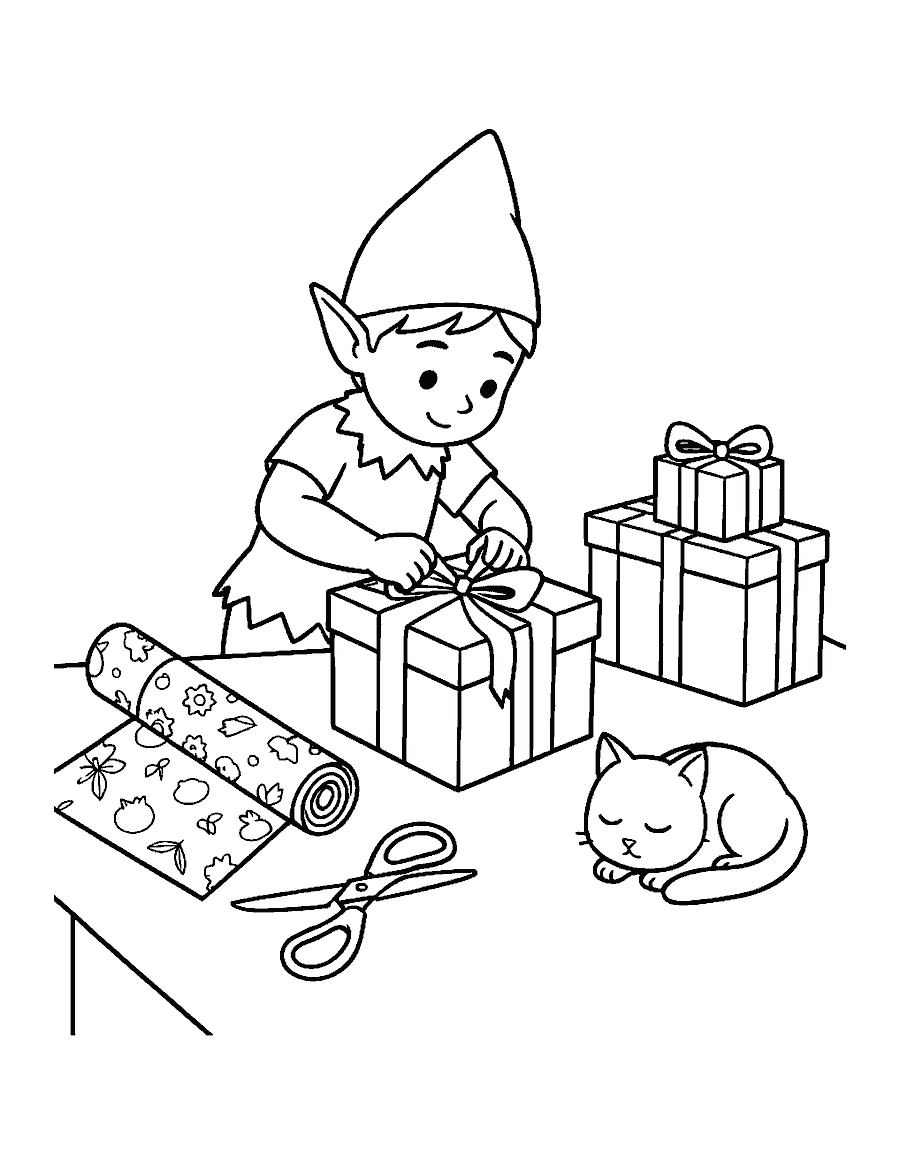 Line drawing of an elf tying a ribbon on a present beside a stack of gifts