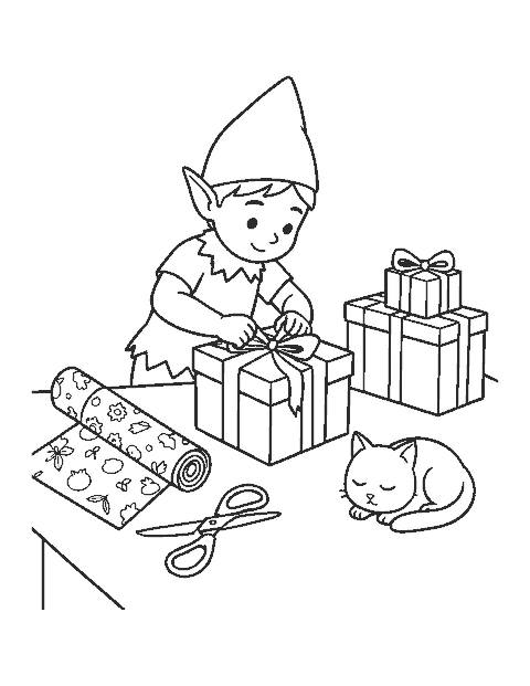 Line drawing of an elf tying a ribbon on a present beside a stack of gifts