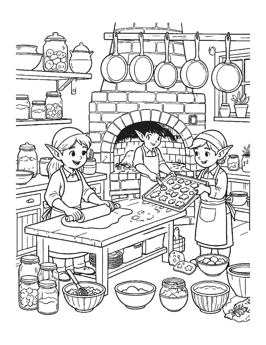 Line drawing of elves rolling dough, baking and decorating cookies in a kitchen