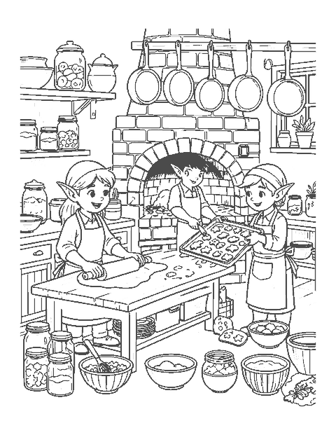 Line drawing of elves rolling dough, baking and decorating cookies in a kitchen