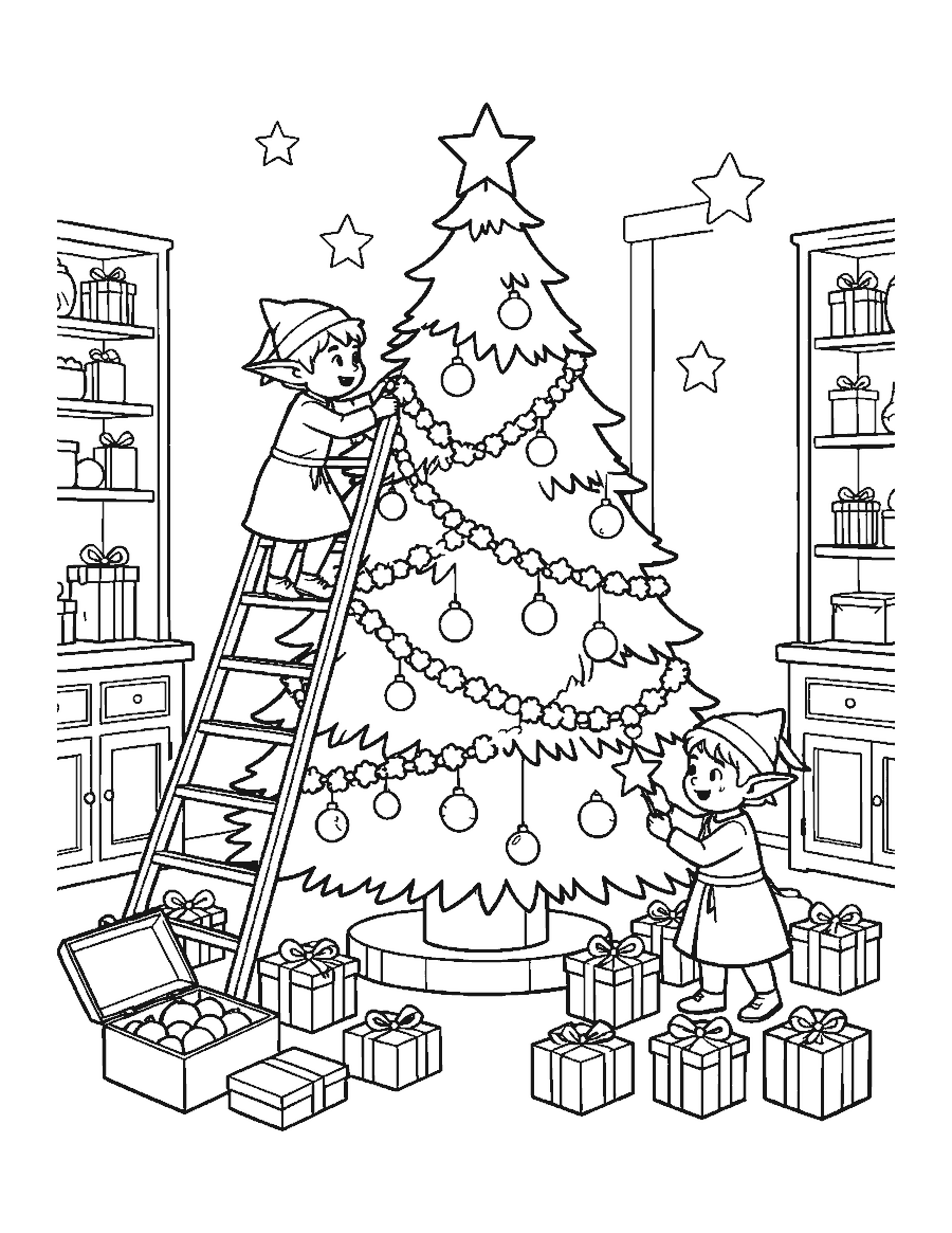 Line drawing of three elves decorating a giant Christmas tree with a ladder, garland and star