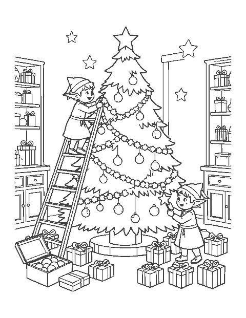 Line drawing of three elves decorating a giant Christmas tree with a ladder, garland and star