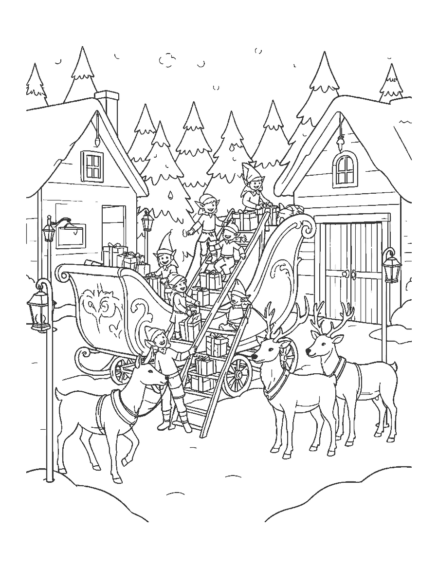 Line drawing of elves loading presents into Santa's sleigh in a snowy yard