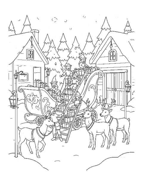 Line drawing of elves loading presents into Santa's sleigh in a snowy yard