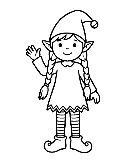 Line drawing of a girl elf with long braids and a pointy bell hat, waving