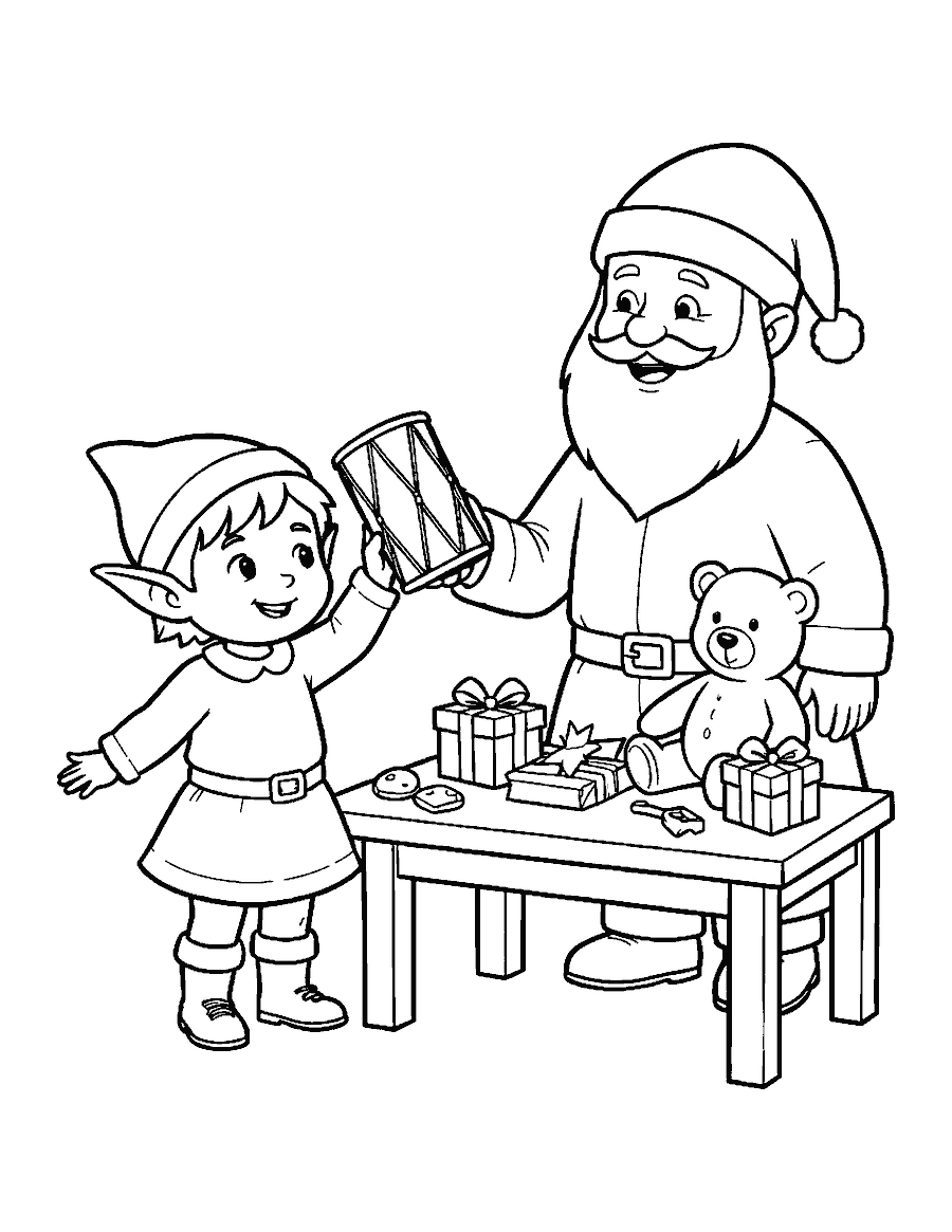 Line drawing of a little elf showing Santa a toy drum beside a table of toys