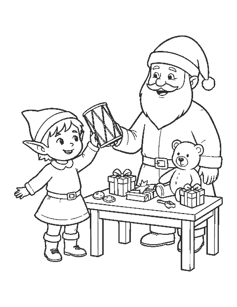 Line drawing of a little elf showing Santa a toy drum beside a table of toys