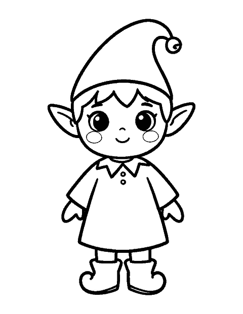 Line drawing of a cute elf with big eyes, a pointy hat and curly shoes