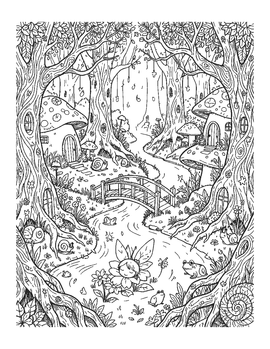 Line drawing of a detailed fairy forest with mushroom houses, a stream and a sleeping fairy