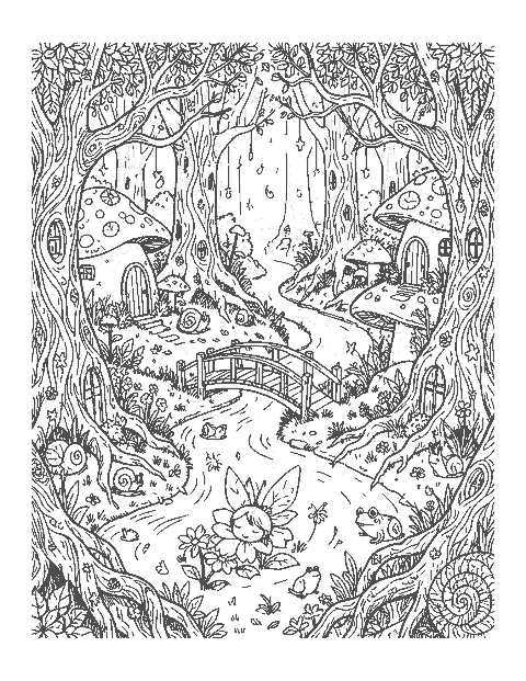Line drawing of a detailed fairy forest with mushroom houses, a stream and a sleeping fairy