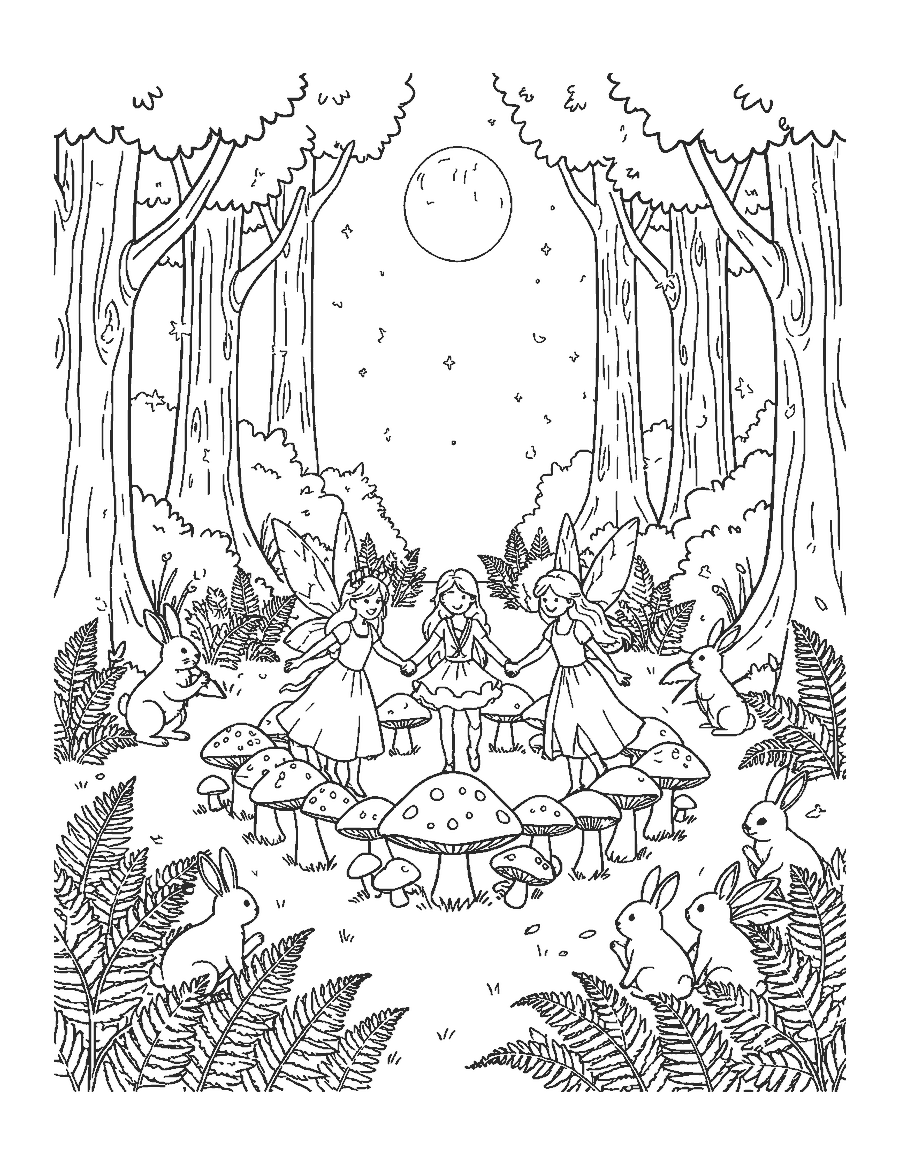 Line drawing of fairies dancing around a ring of mushrooms in a moonlit clearing