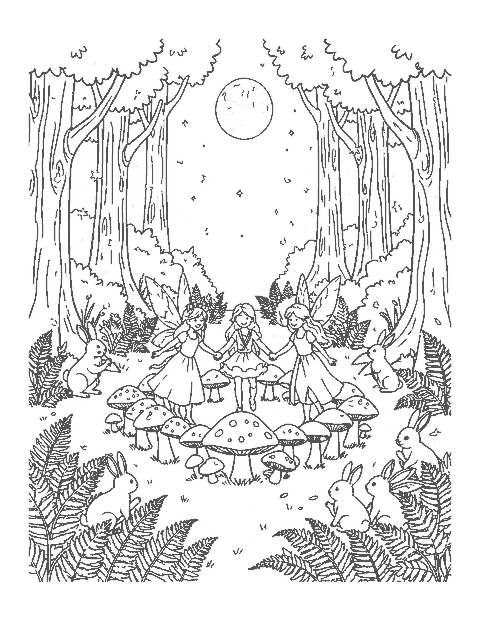 Line drawing of fairies dancing around a ring of mushrooms in a moonlit clearing