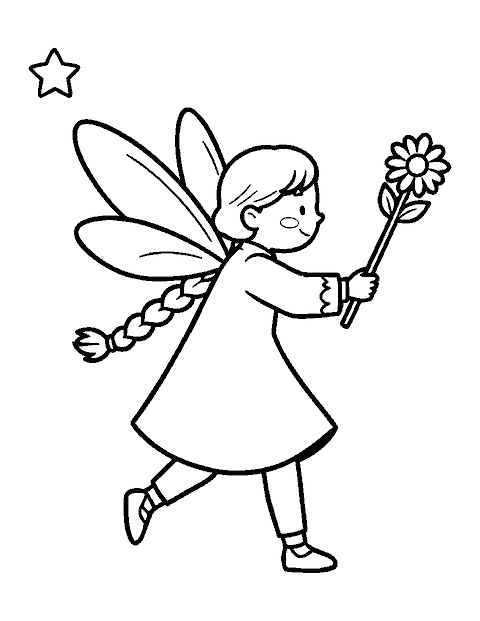 Line drawing of a fairy with dragonfly wings flying and holding a flower wand