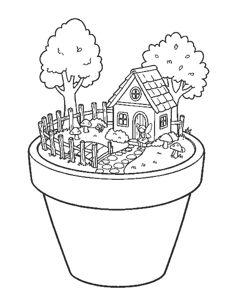 Line drawing of a miniature fairy garden in a clay pot with a tiny cottage and a fairy