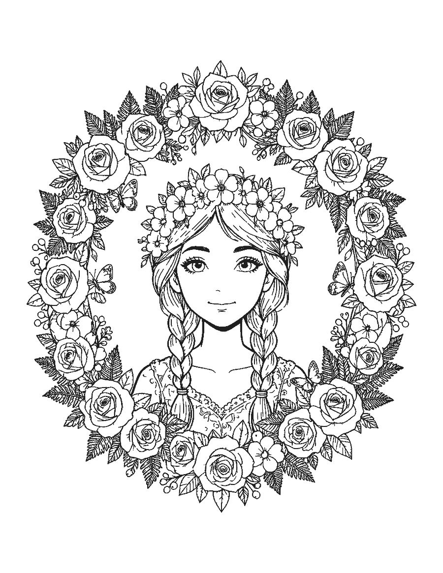Line drawing of a fairy portrait inside a round wreath of roses, ferns and butterflies