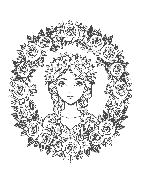 Line drawing of a fairy portrait inside a round wreath of roses, ferns and butterflies