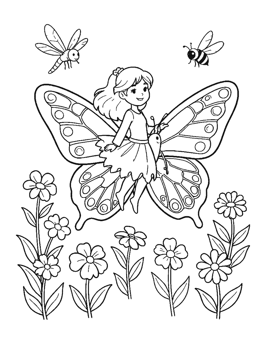 Line drawing of a fairy riding a large butterfly over flowers with a bee and dragonfly