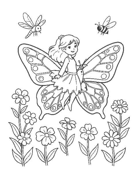 Line drawing of a fairy riding a large butterfly over flowers with a bee and dragonfly