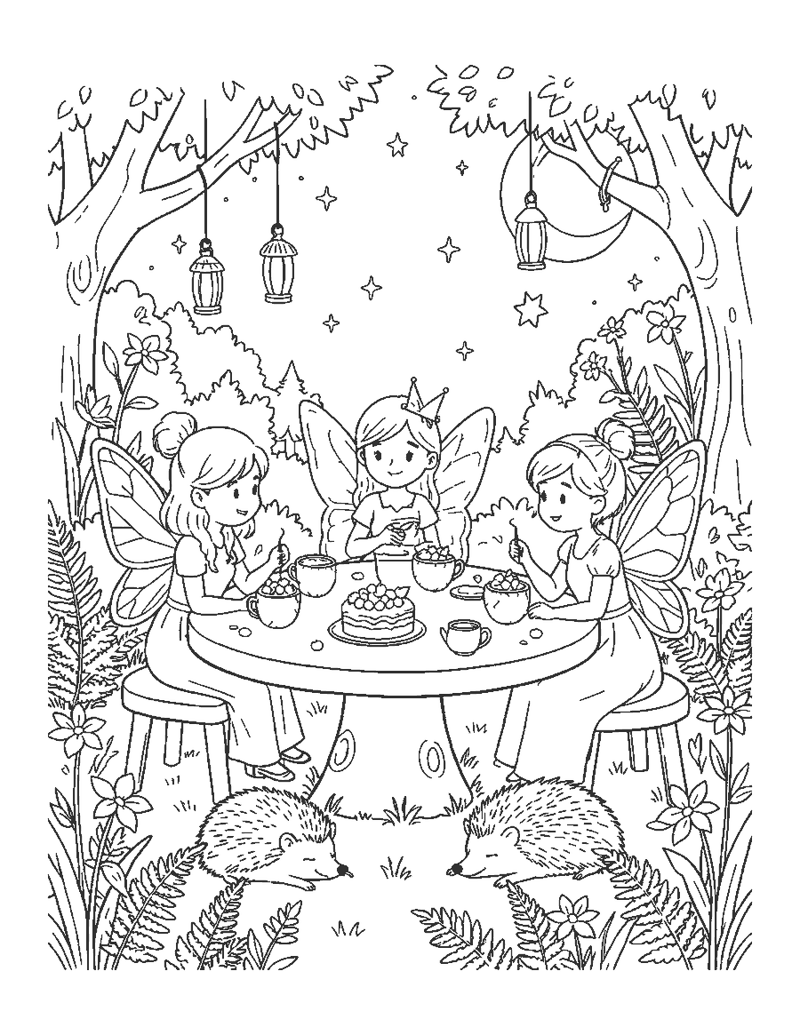 Line drawing of three fairies at a toadstool tea table with firefly lanterns and a hedgehog