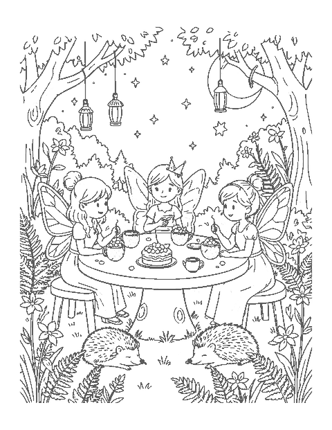 Line drawing of three fairies at a toadstool tea table with firefly lanterns and a hedgehog