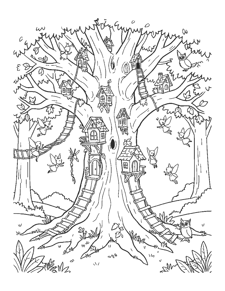 Line drawing of a big oak tree full of tiny fairy houses, ladders and leaf bridges