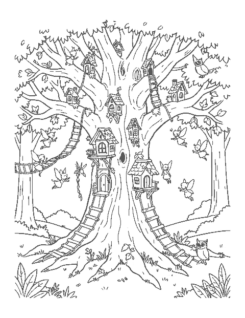 Line drawing of a big oak tree full of tiny fairy houses, ladders and leaf bridges